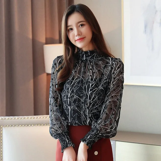 2021 Autumn Spring Women Chiffon Blouses Casual Long Sleeve Size S - plus Size