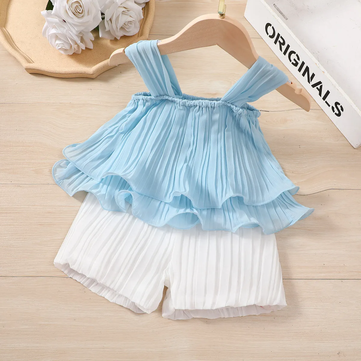 2pcs Toddler Girl Elegant Pleated Camisole and Shorts Set