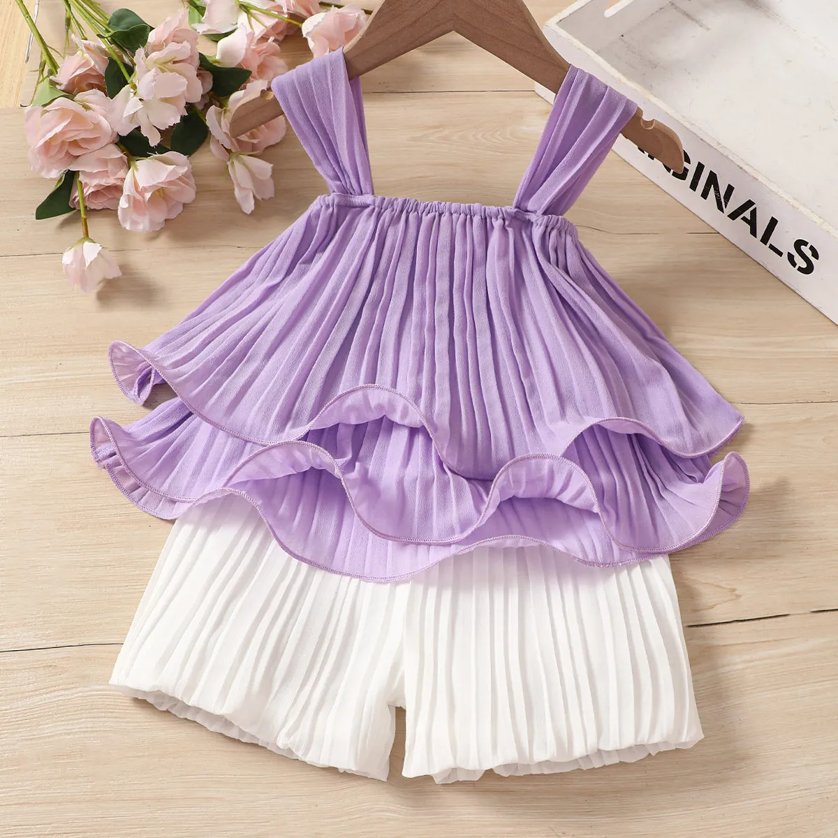 2pcs Toddler Girl Elegant Pleated Camisole and Shorts Set