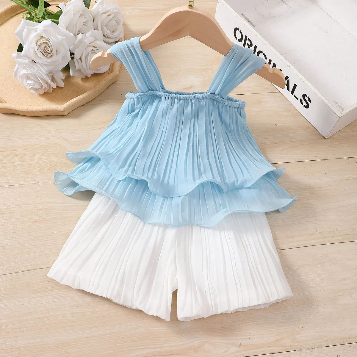 2pcs Toddler Girl Elegant Pleated Camisole and Shorts Set
