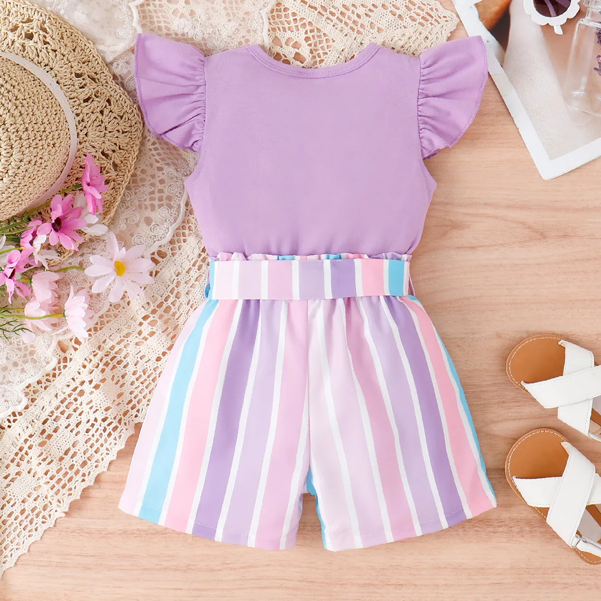 2pcs Toddler Girl Sweet Flutter-sleeve Tee and Stripe Belted Shorts Set