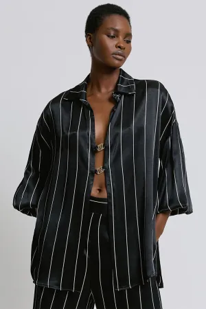 Access Fashion 2154 Black Pinstripe Satin Over Shirt