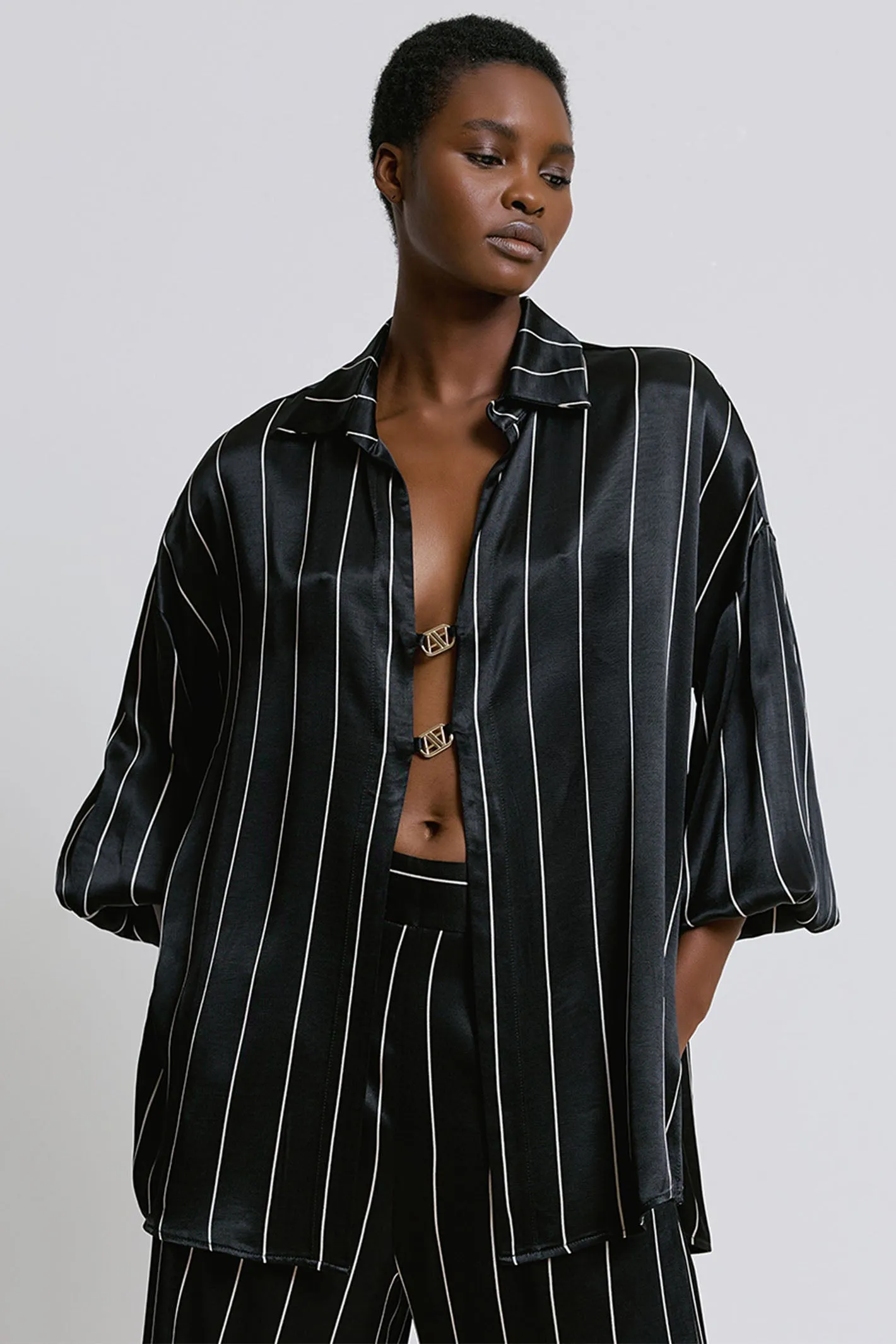 Access Fashion 2154 Black Pinstripe Satin Over Shirt