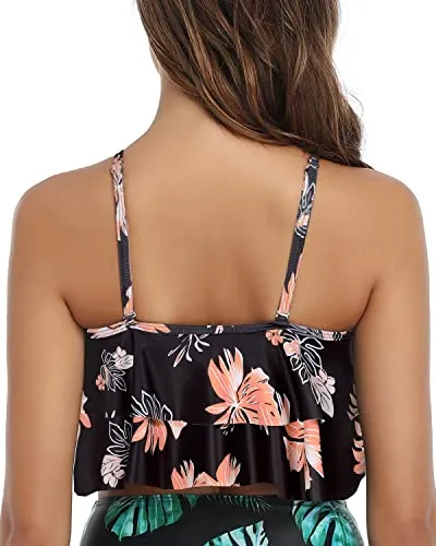 Adjustable Bra Style Swim Top Straps And Padds Ruffled Bikini Top-Black Orange Floral