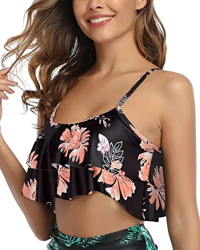 Adjustable Bra Style Swim Top Straps And Padds Ruffled Bikini Top-Black Orange Floral