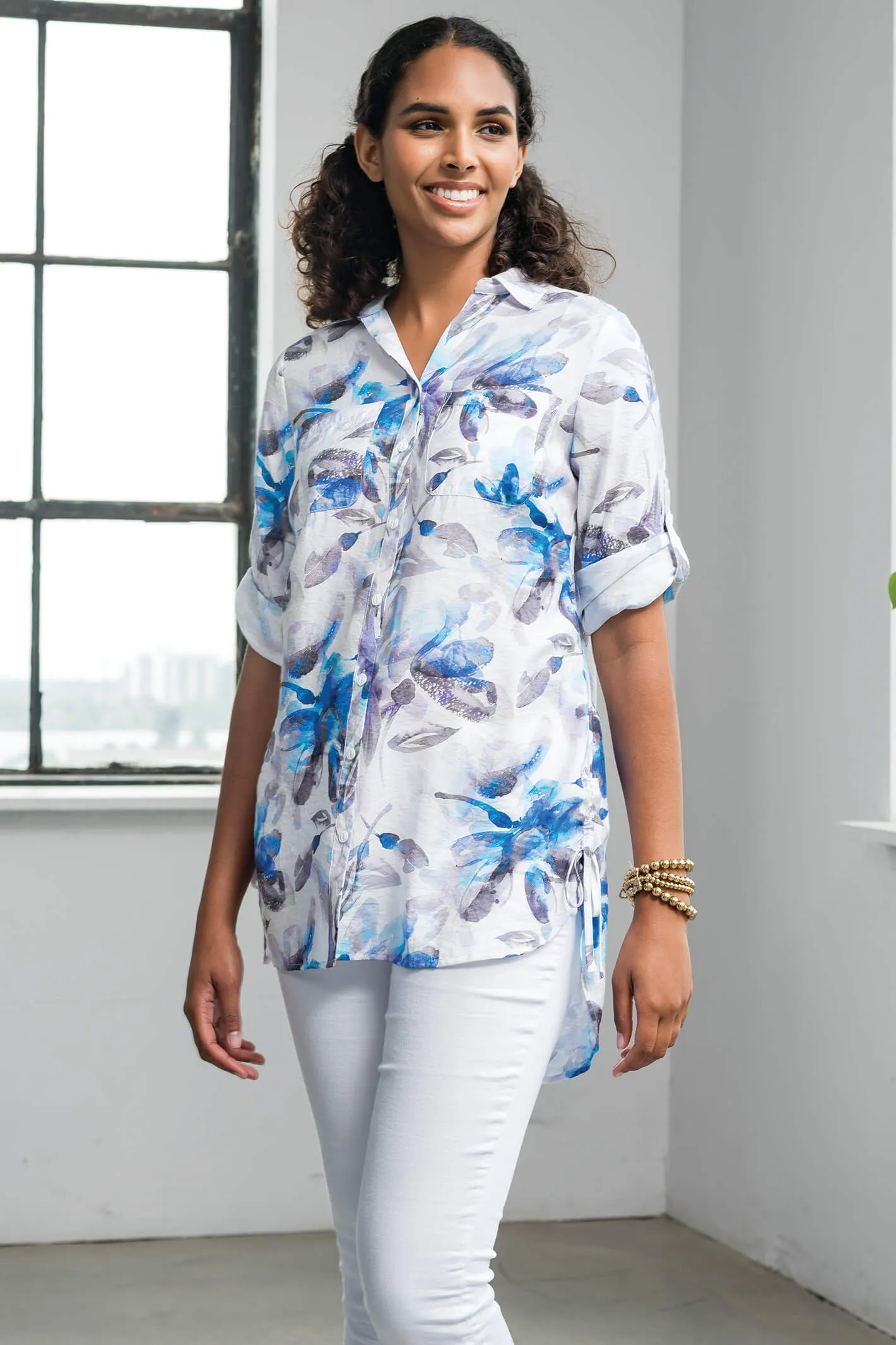 Alison Sheri A41246 White & Blue Leaf Print Shirt