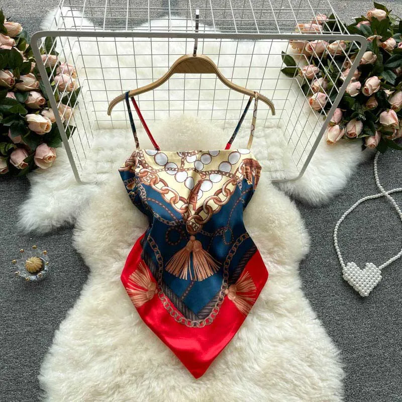 American Printing Apron Halter Knotted Camisole Women's Top