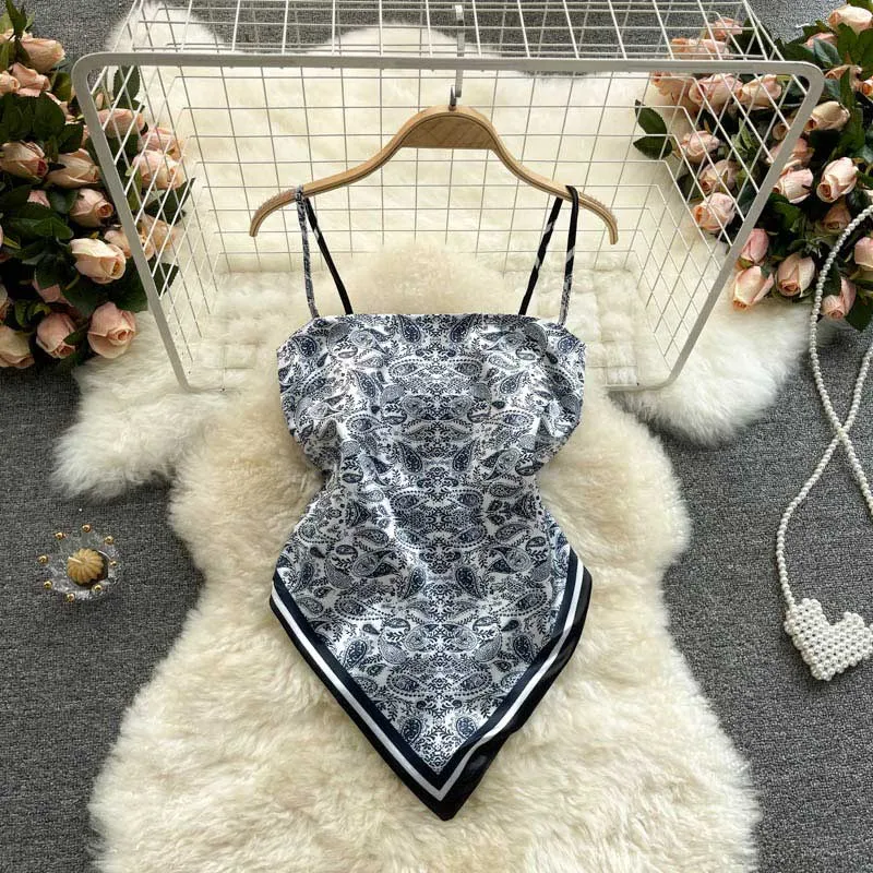American Printing Apron Halter Knotted Camisole Women's Top