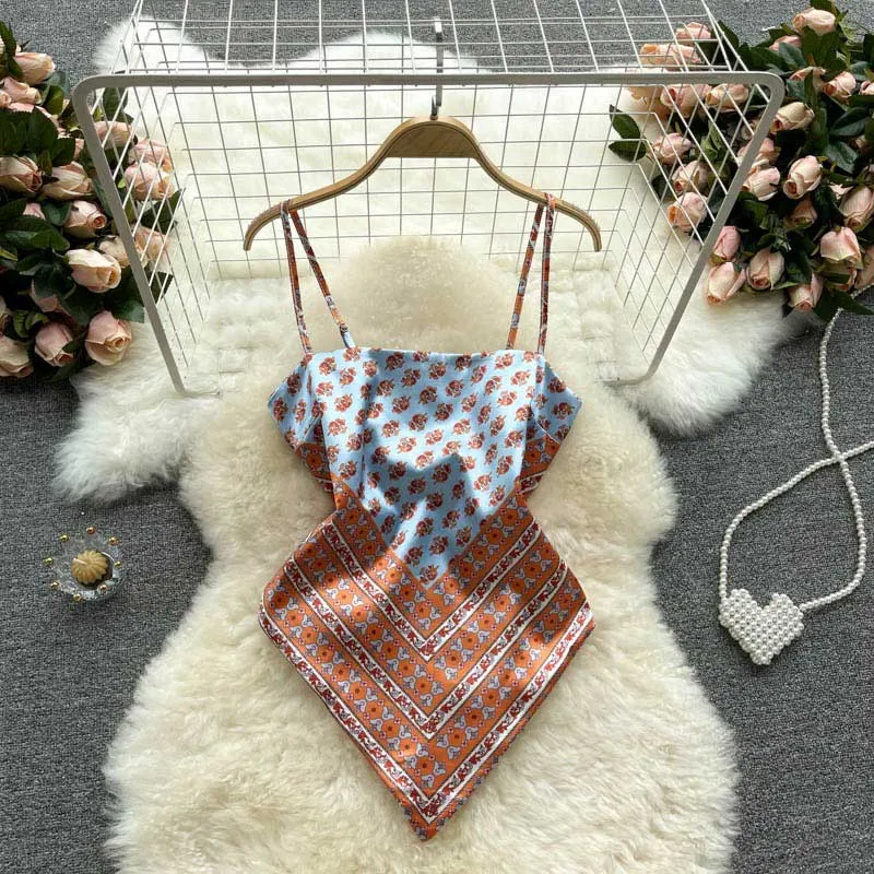 American Printing Apron Halter Knotted Camisole Women's Top