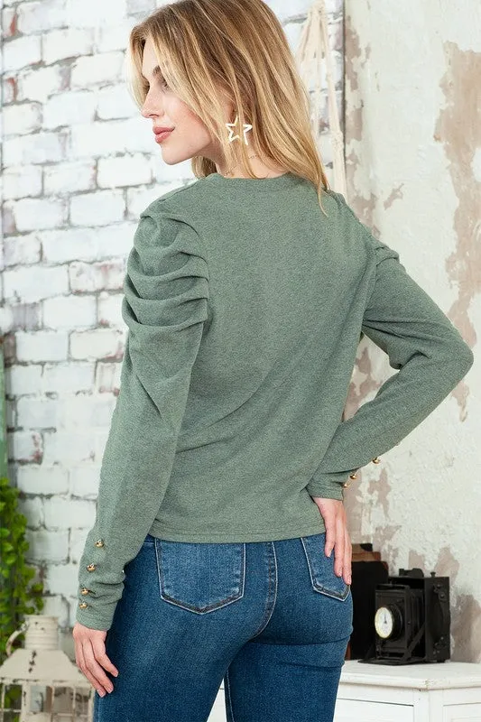 Basic Buttoned Puff Long Sleeve Blouse Top