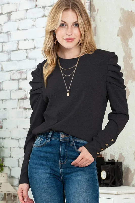 Basic Buttoned Puff Long Sleeve Blouse Top