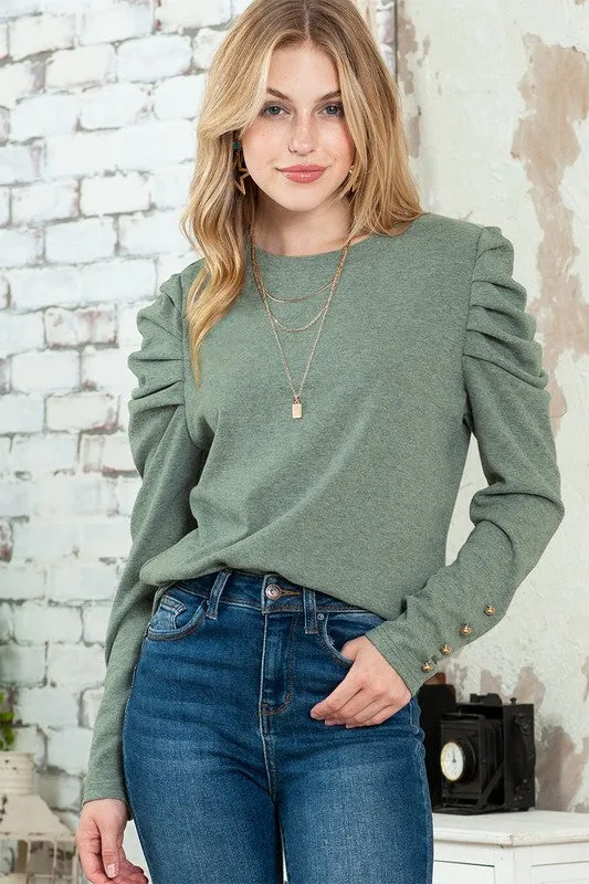 Basic Buttoned Puff Long Sleeve Blouse Top