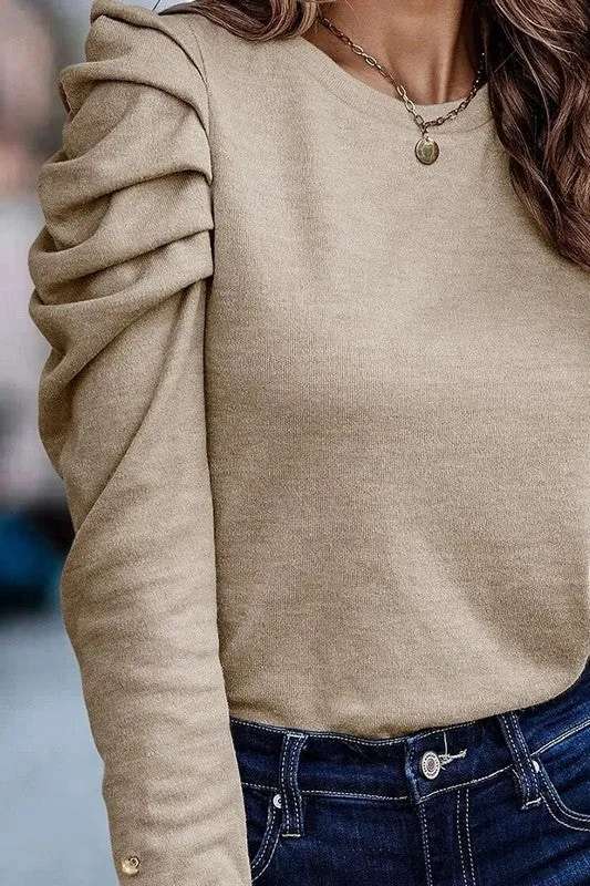 Basic Buttoned Puff Long Sleeve Blouse Top