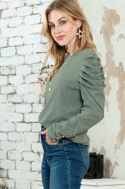 Basic Buttoned Puff Long Sleeve Blouse Top