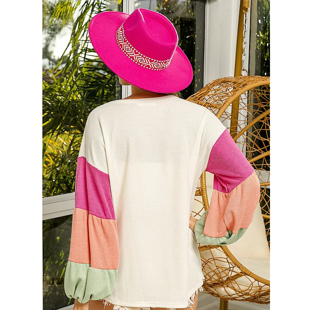 Beige Colorful Color Block Long Sleeve Tight Waffle Knit Relaxed Fit Top