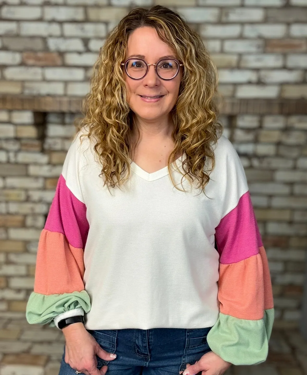 Beige Colorful Color Block Long Sleeve Tight Waffle Knit Relaxed Fit Top