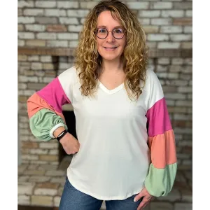 Beige Colorful Color Block Long Sleeve Tight Waffle Knit Relaxed Fit Top