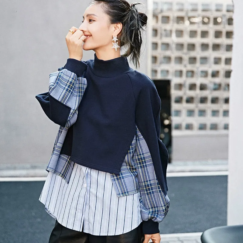 Bjlxn Spring Women Sweatshirt Turtleneck Long Sleeve Asymmetrical Patchwork Plaid Striped Streetwear Loose Pullover Female Tops