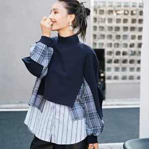 Bjlxn Spring Women Sweatshirt Turtleneck Long Sleeve Asymmetrical Patchwork Plaid Striped Streetwear Loose Pullover Female Tops