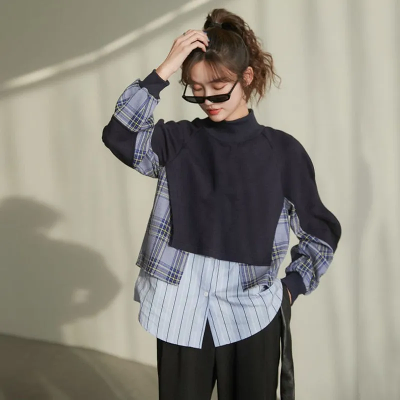 Bjlxn Spring Women Sweatshirt Turtleneck Long Sleeve Asymmetrical Patchwork Plaid Striped Streetwear Loose Pullover Female Tops