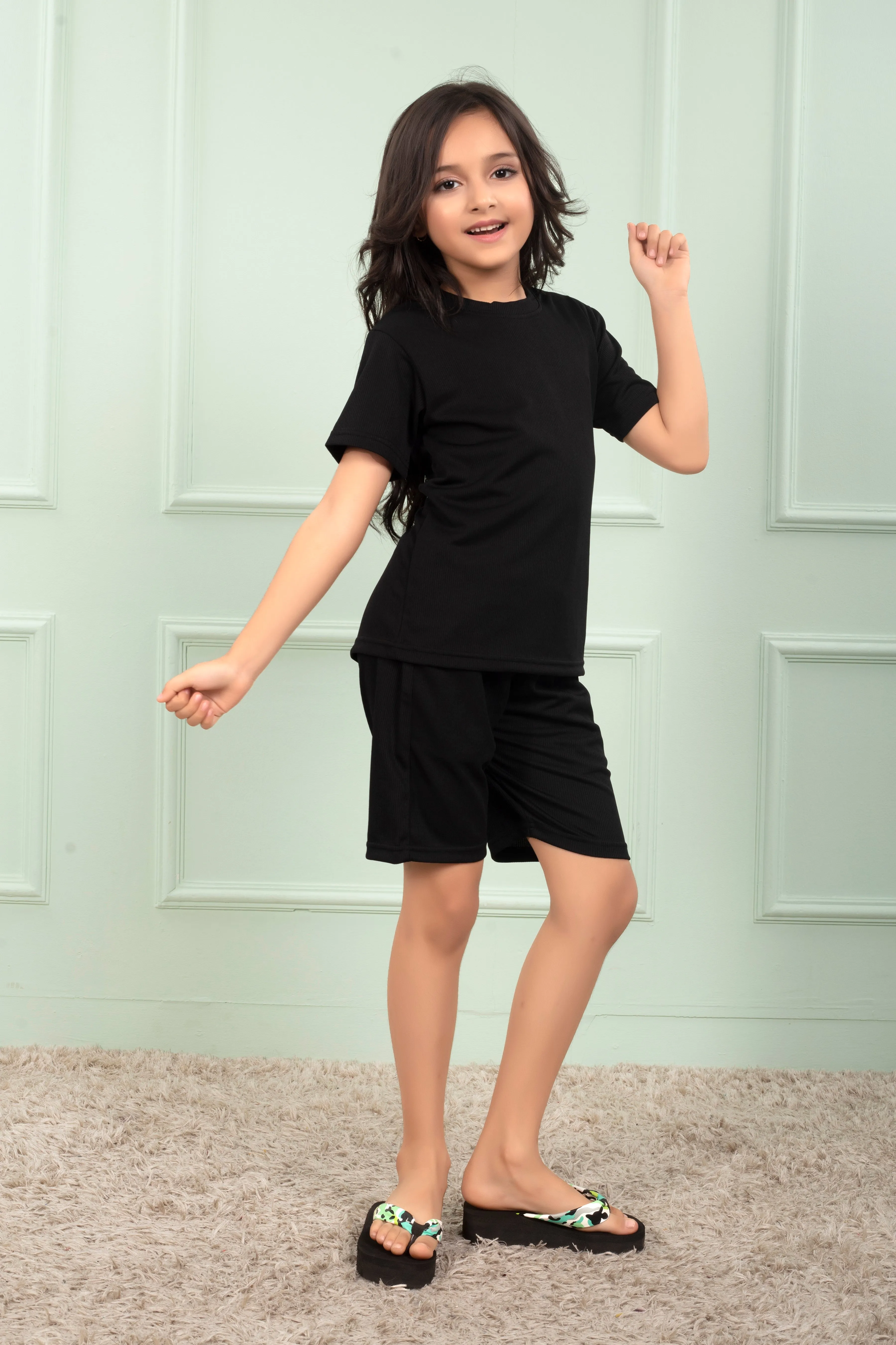 Black Pure Cotton Mario rib Girls night suit shorts set