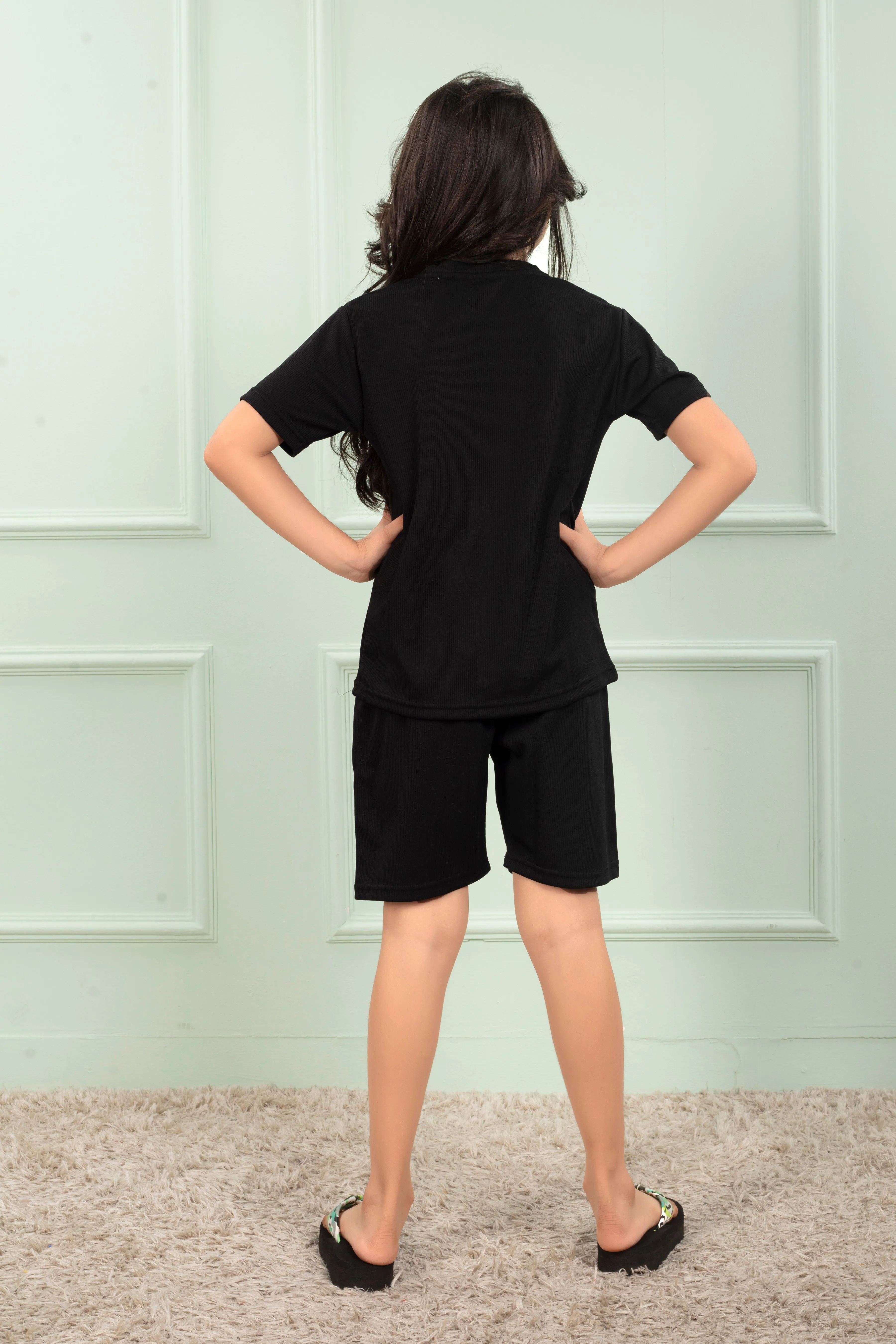 Black Pure Cotton Mario rib Girls night suit shorts set