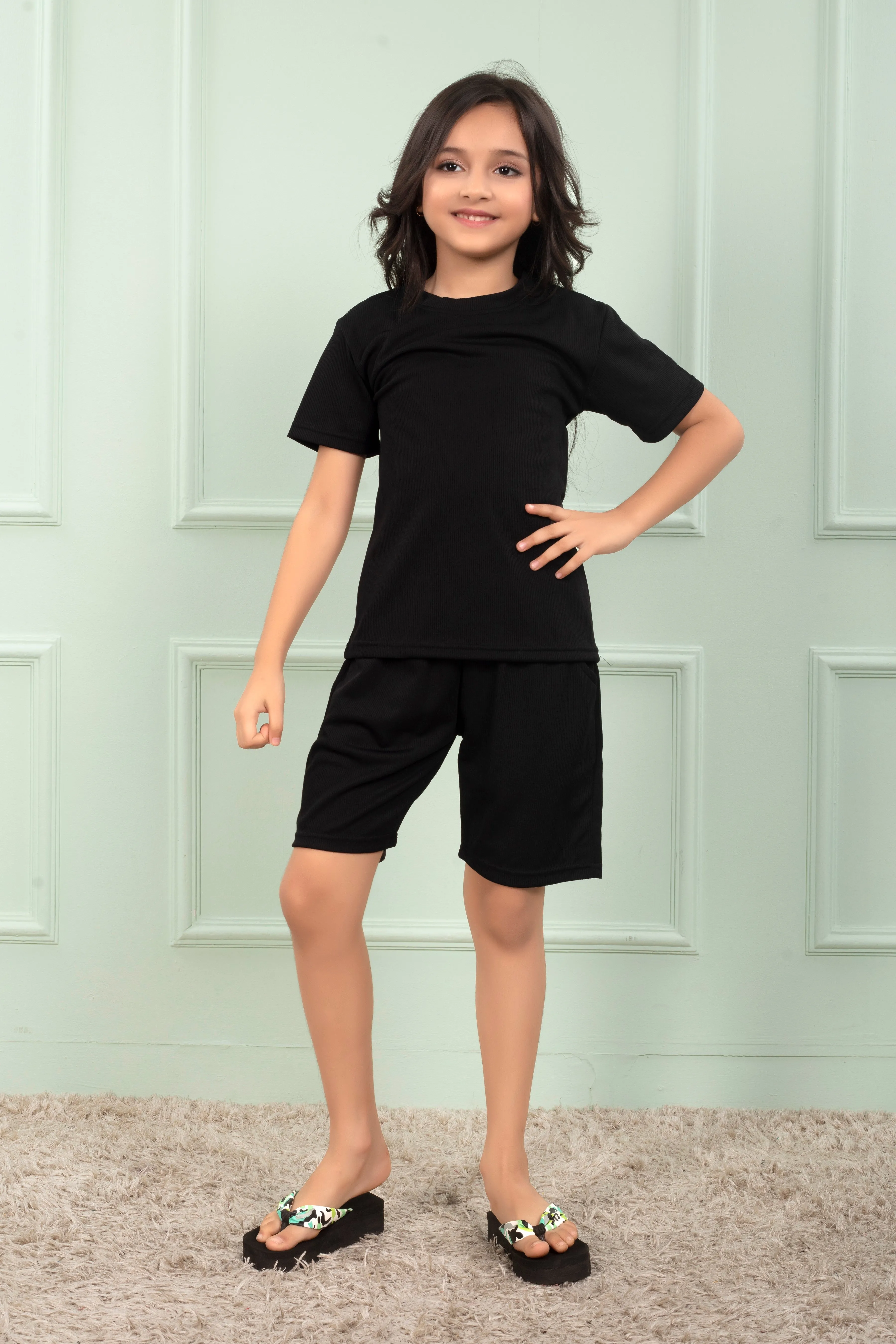 Black Pure Cotton Mario rib Girls night suit shorts set