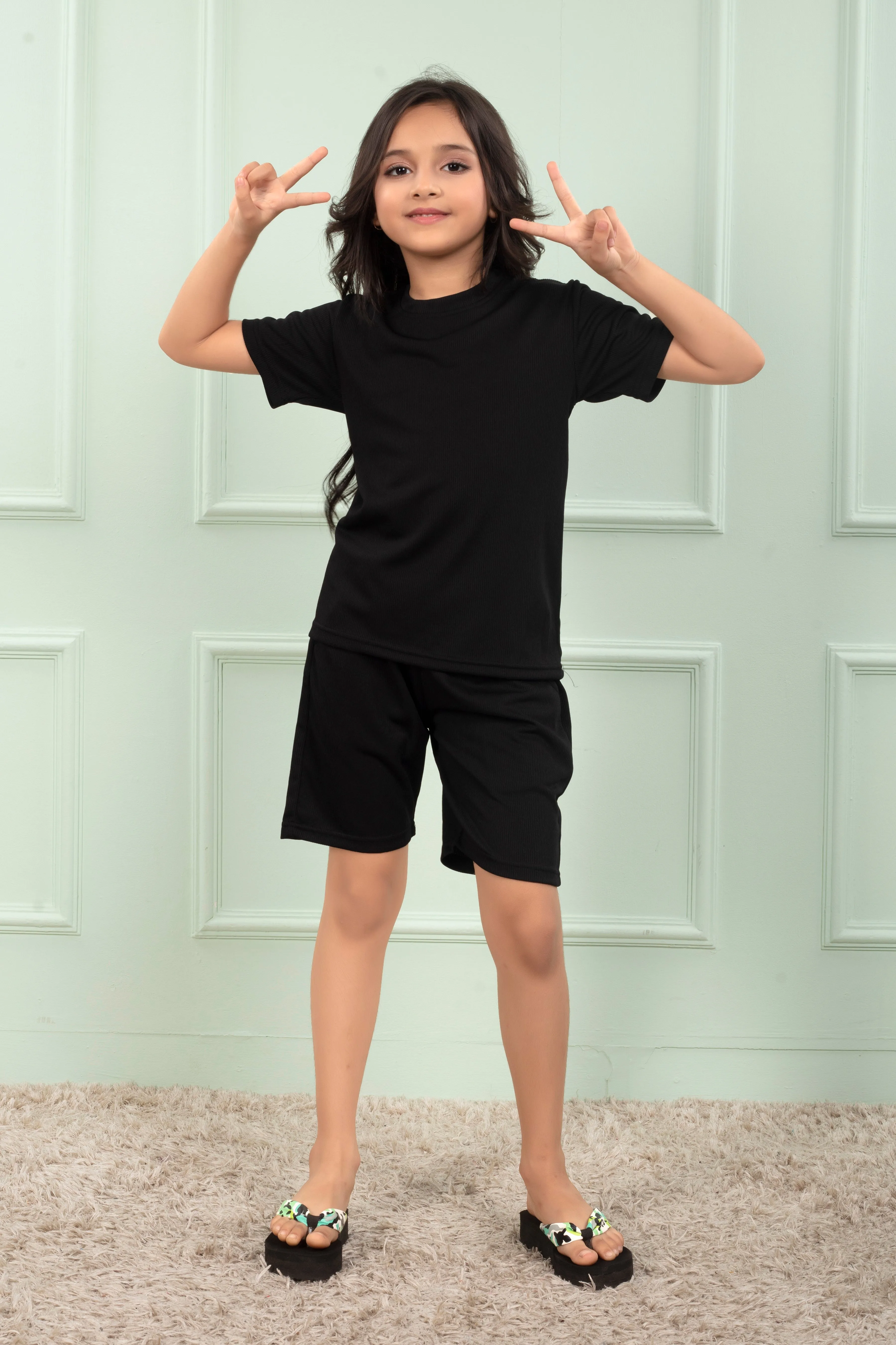 Black Pure Cotton Mario rib Girls night suit shorts set