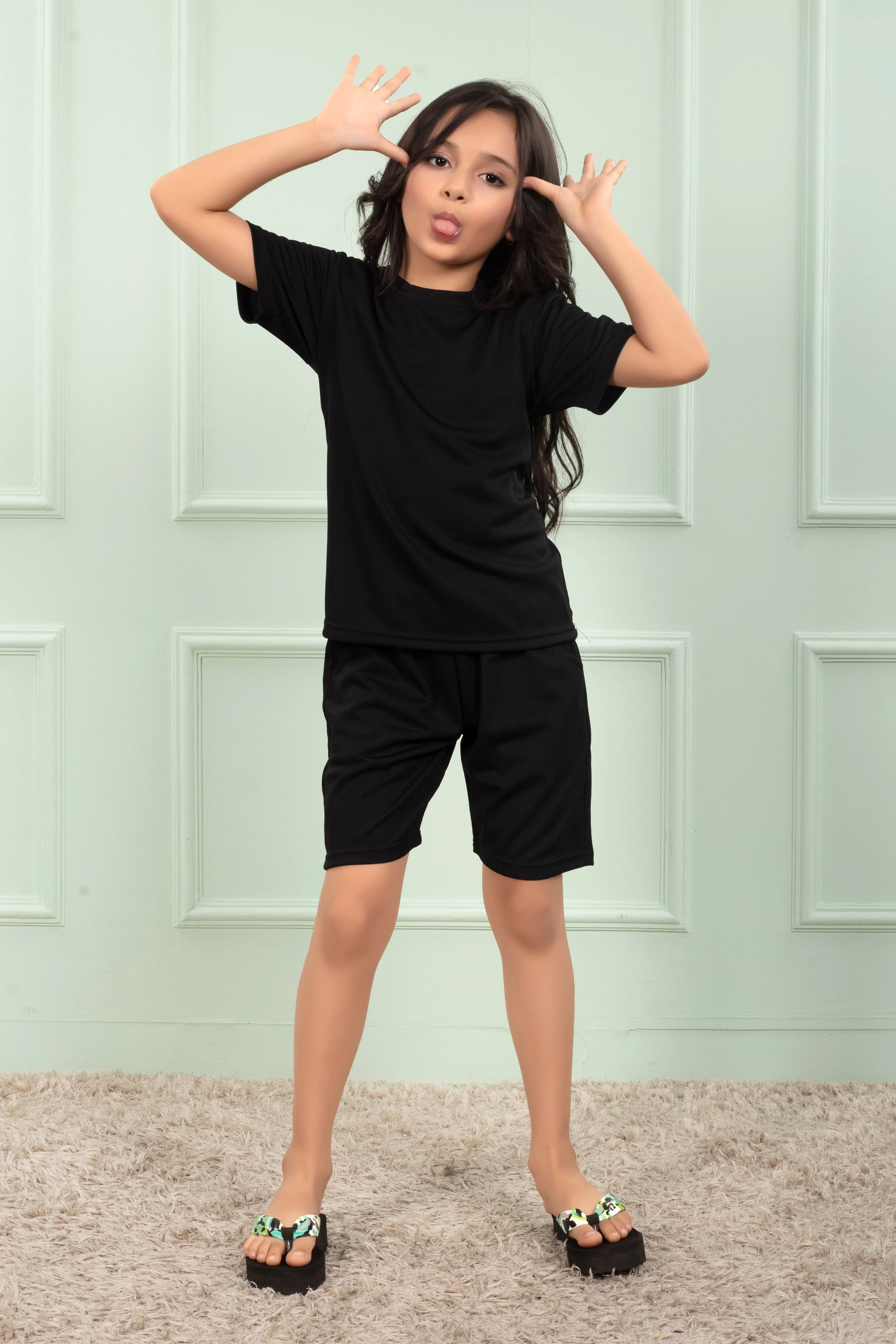 Black Pure Cotton Mario rib Girls night suit shorts set