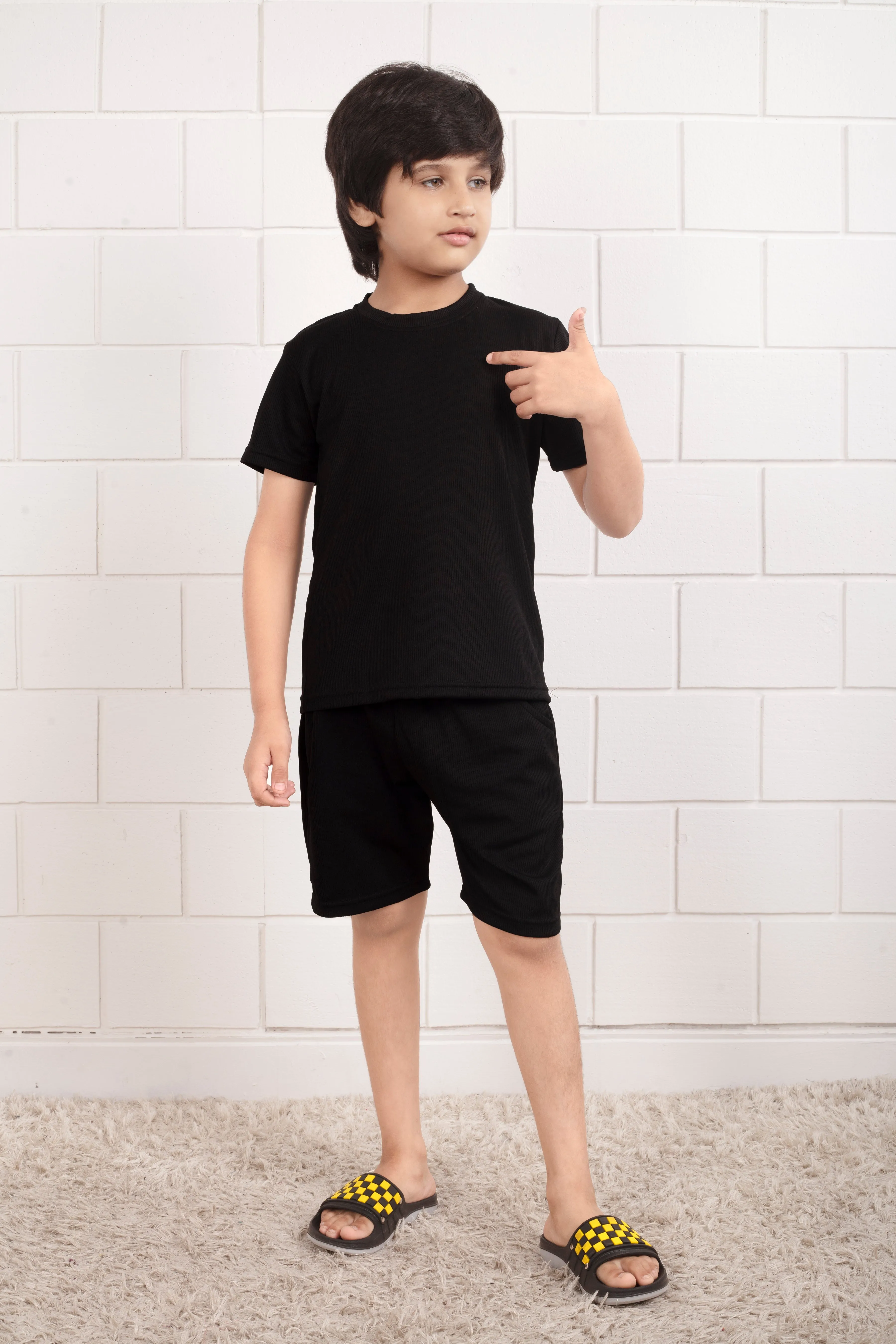 Black Pure Cotton Mario rib kids shorts set