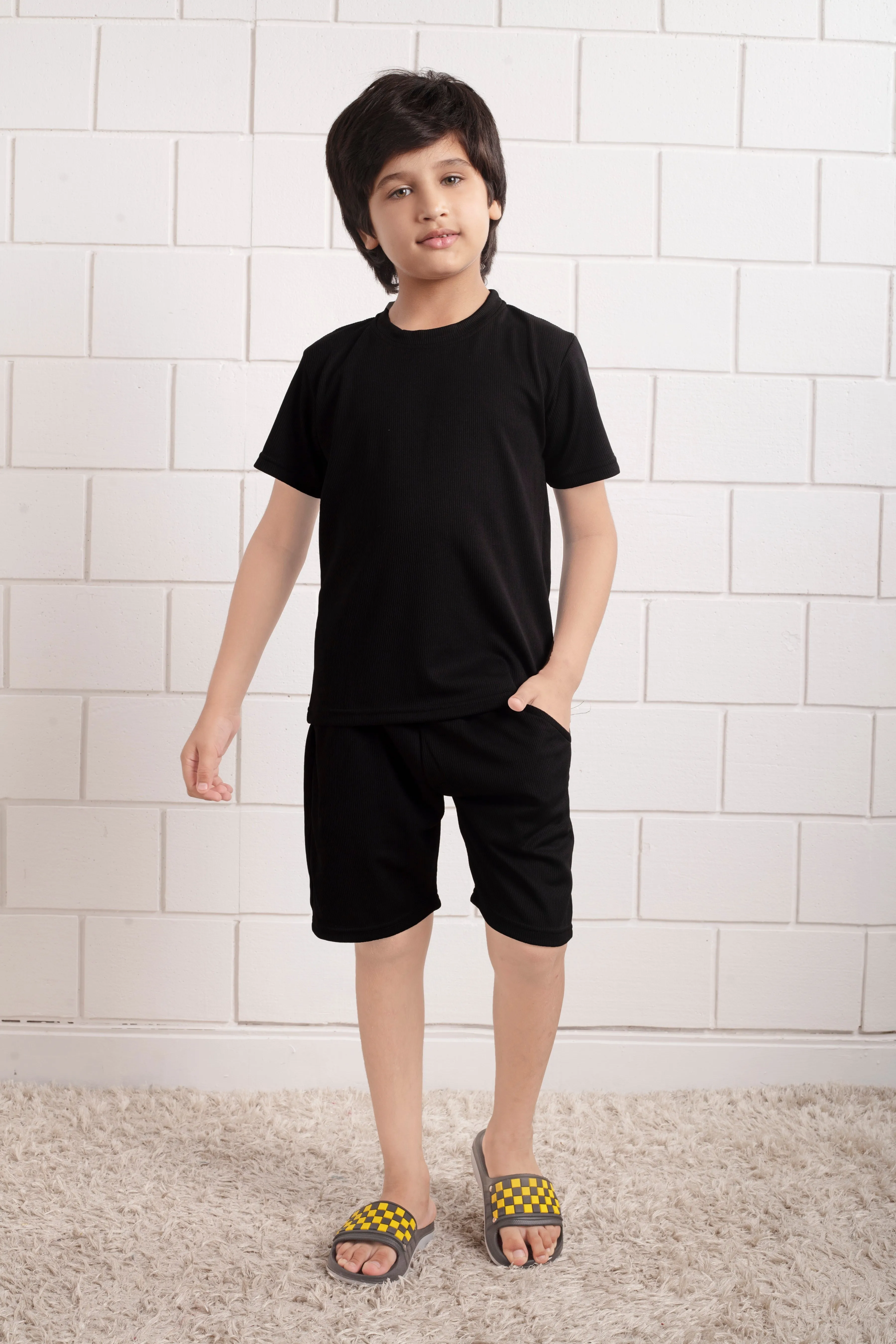 Black Pure Cotton Mario rib kids shorts set