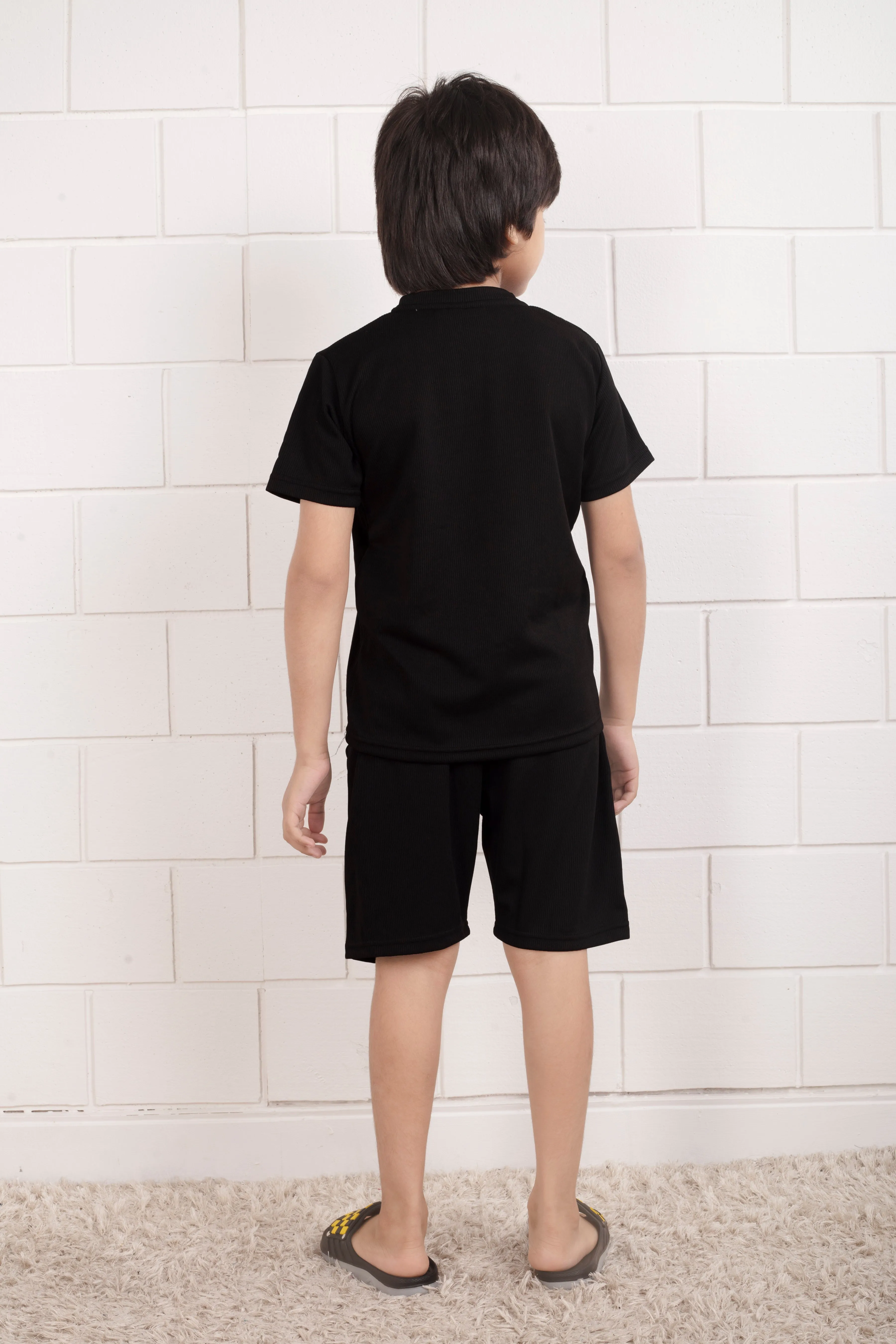 Black Pure Cotton Mario rib kids shorts set