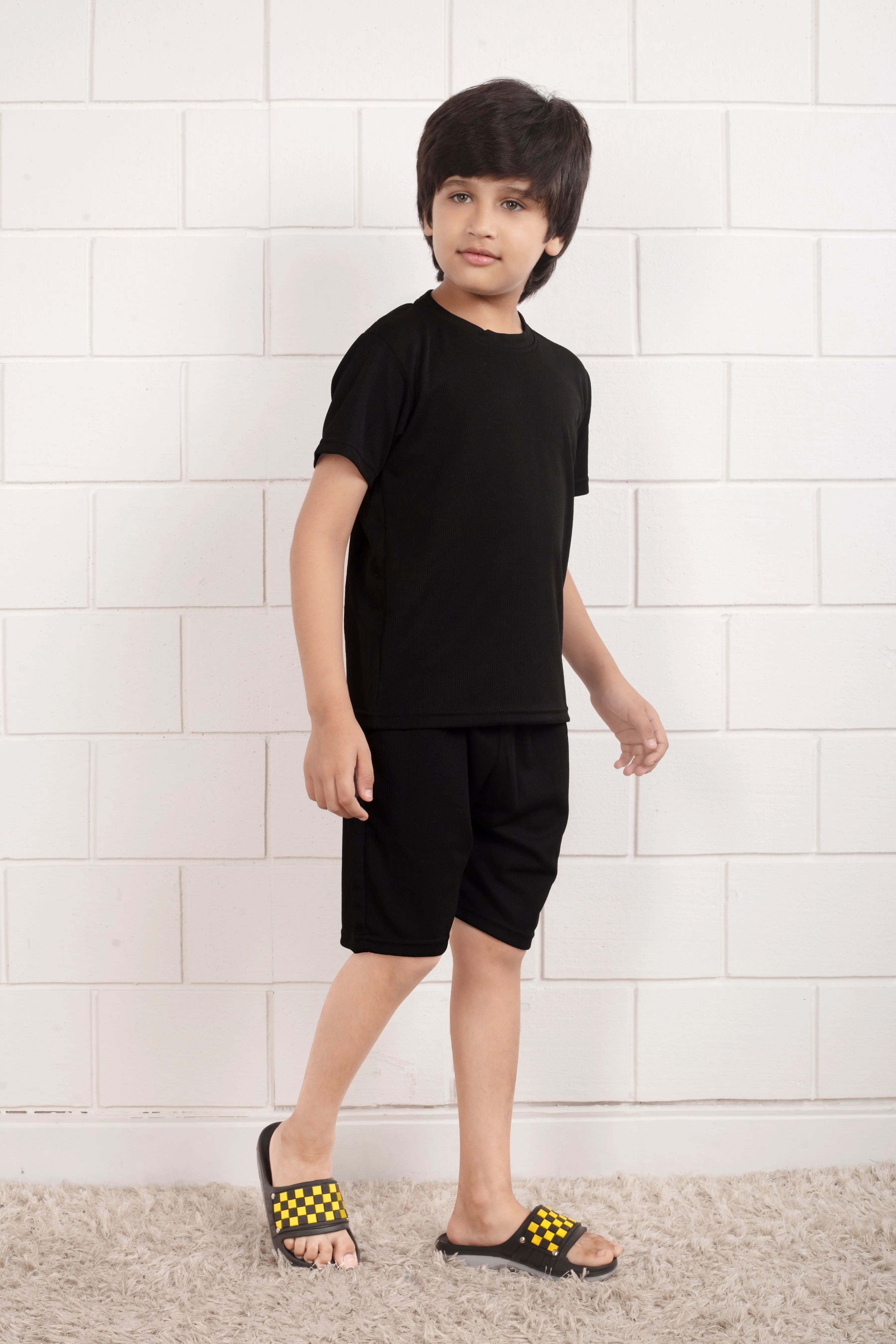 Black Pure Cotton Mario rib kids shorts set