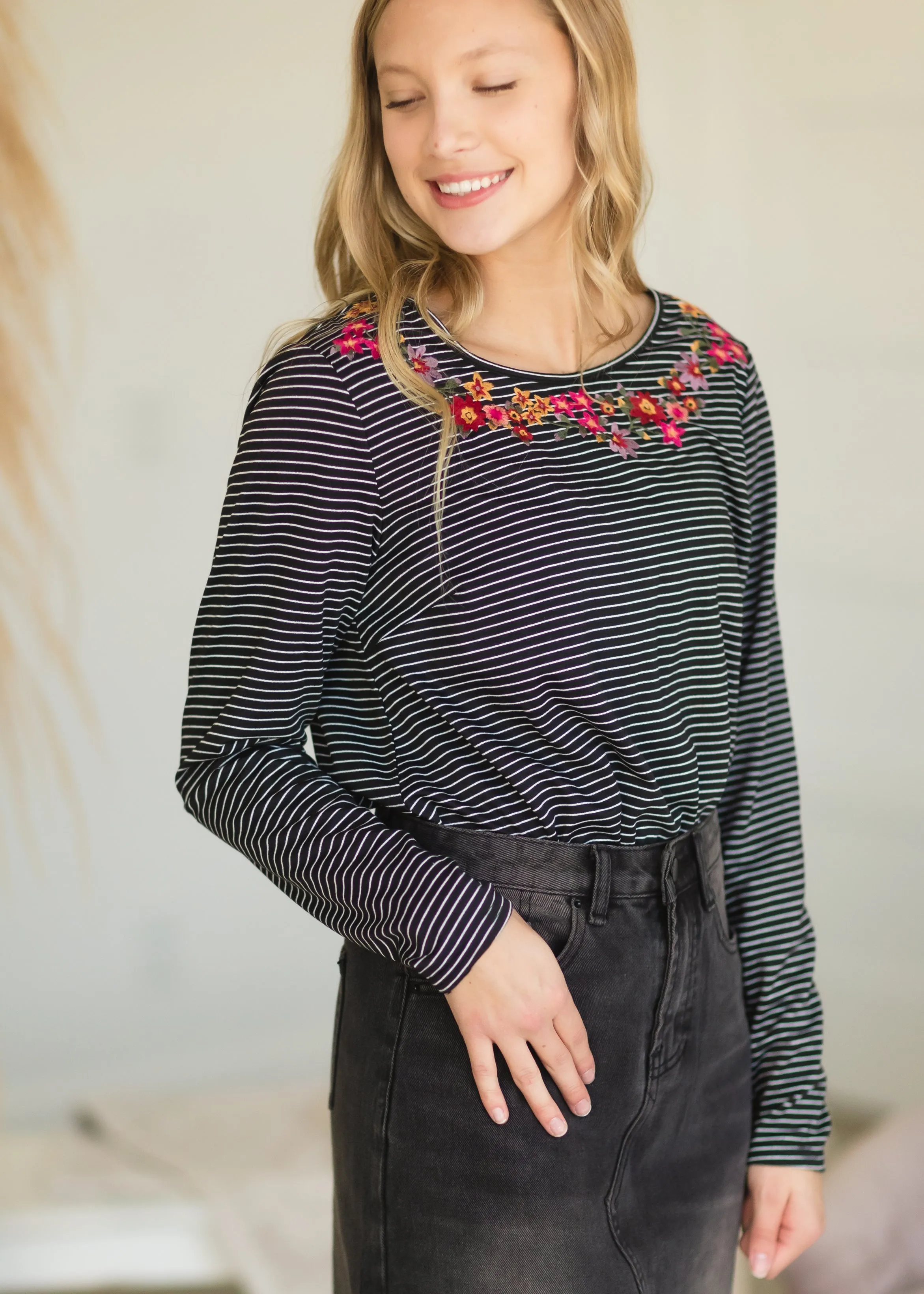 Black Striped Knit Embroidered Top - FINAL SALE