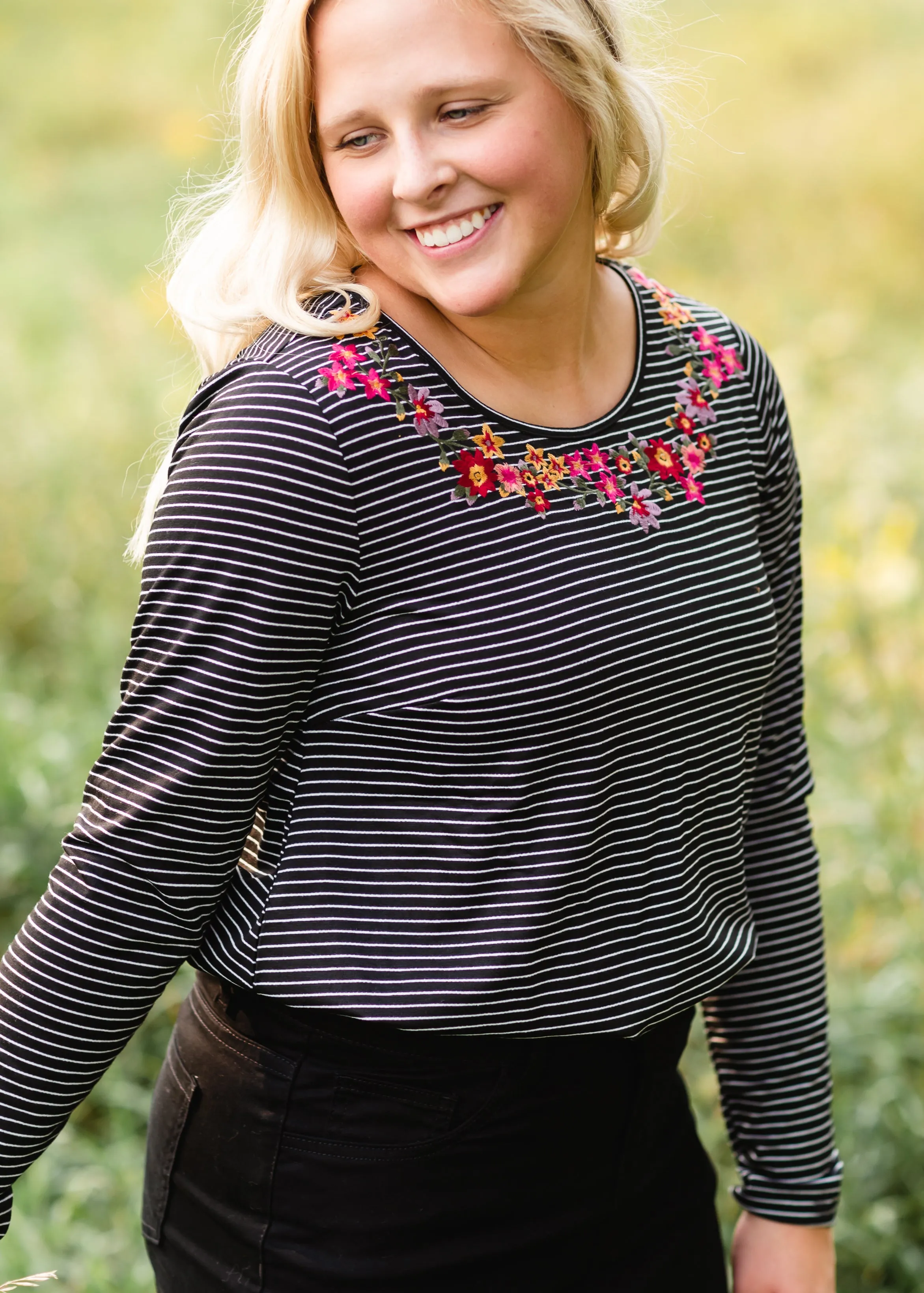 Black Striped Knit Embroidered Top - FINAL SALE