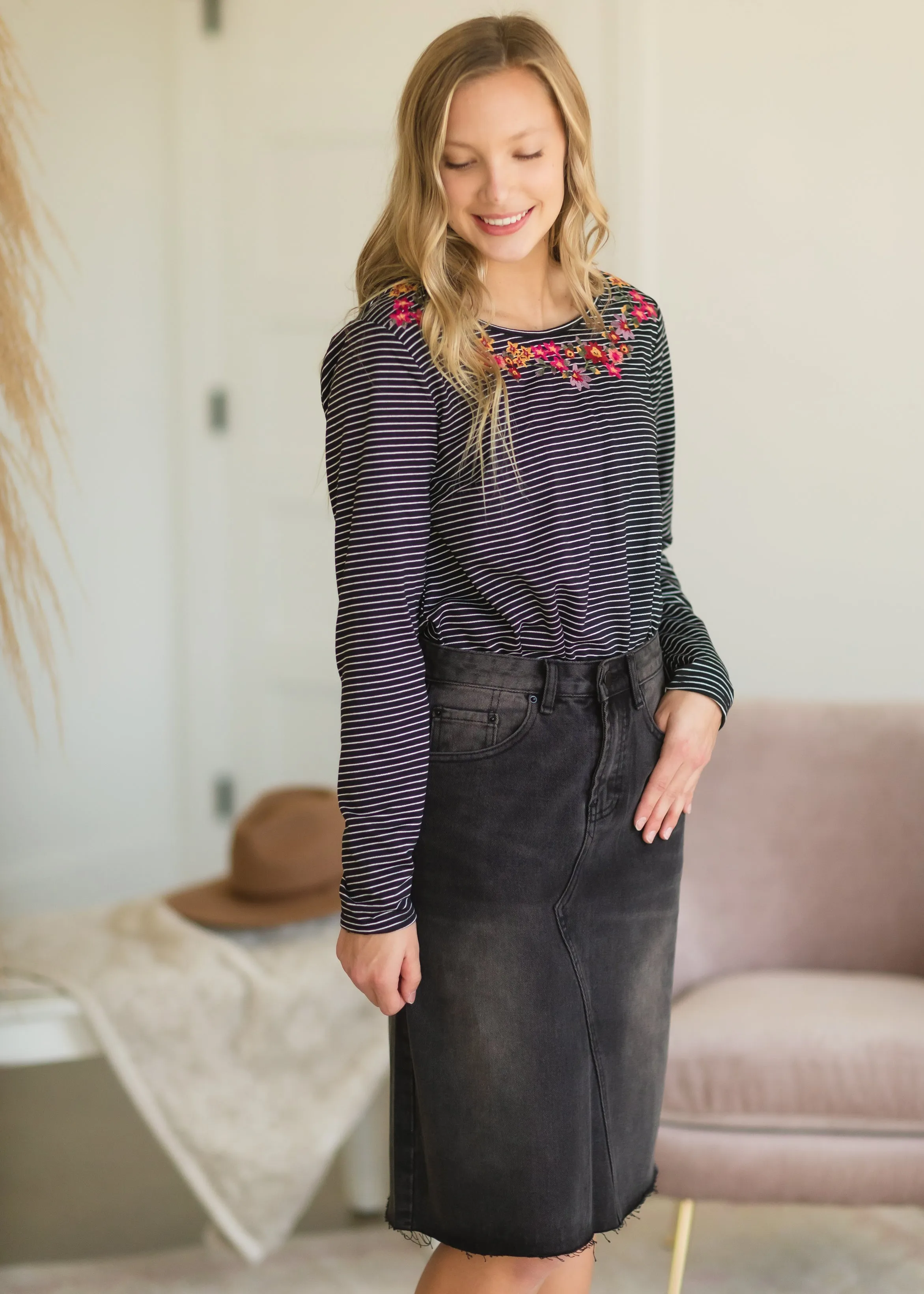 Black Striped Knit Embroidered Top - FINAL SALE