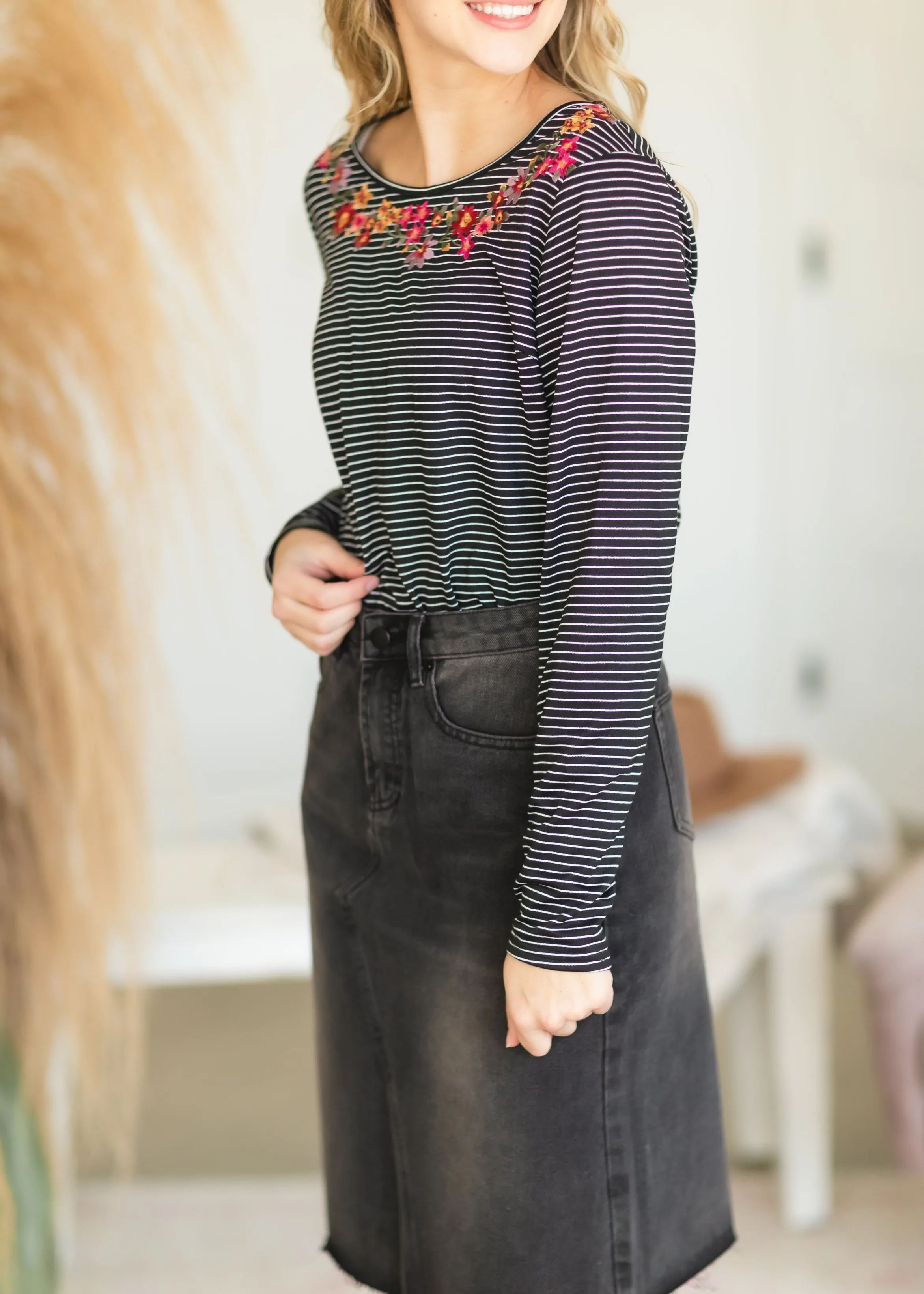 Black Striped Knit Embroidered Top - FINAL SALE