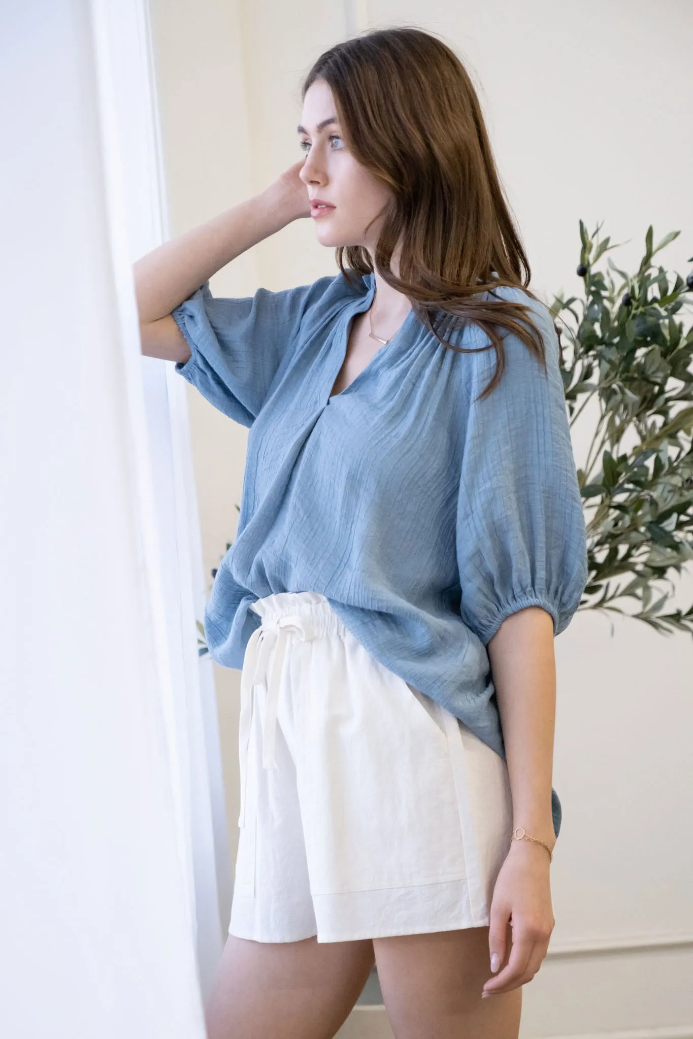 Blu pepper Bohemian V Neck Blouse With Three Fourths Sleeves In Teal