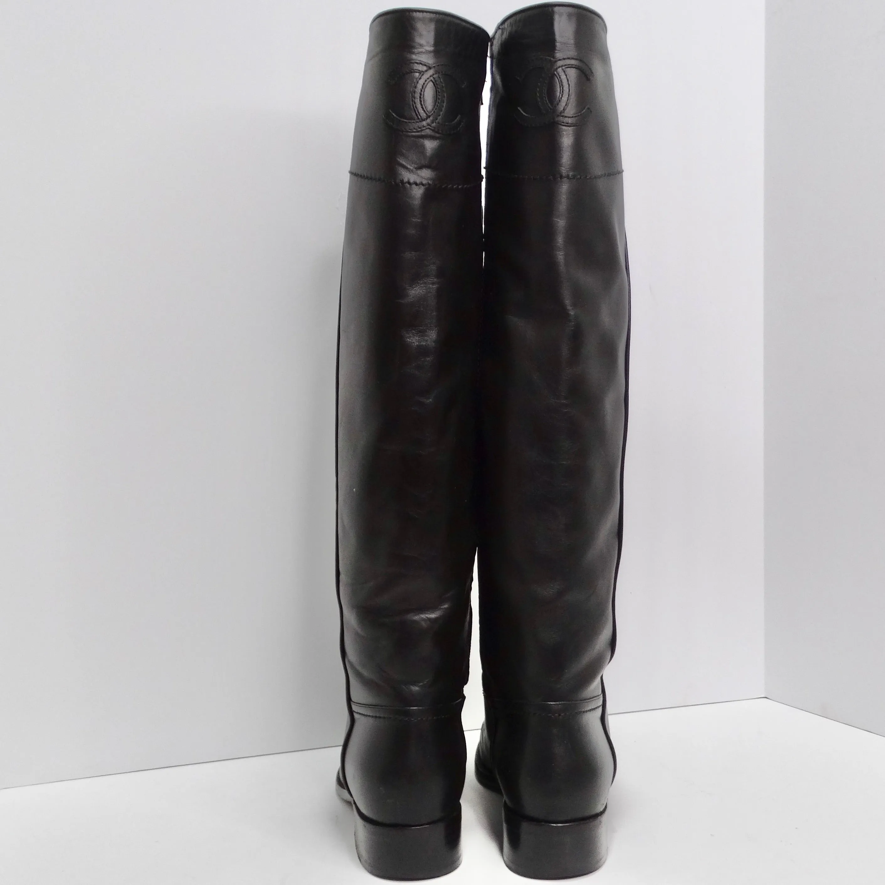 Chanel 2015 Interlocking CC Logo Black Leather Riding Boots