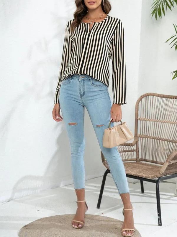 Chic Striped Round Neck Blouse - Effortless Everyday Style