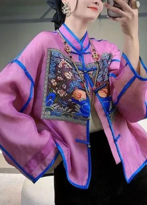 Chinese Style Purple Embroideried Patchwork Silk Tops Spring LY4550