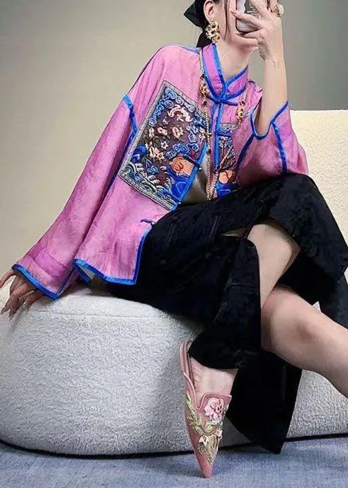 Chinese Style Purple Embroideried Patchwork Silk Tops Spring LY4550
