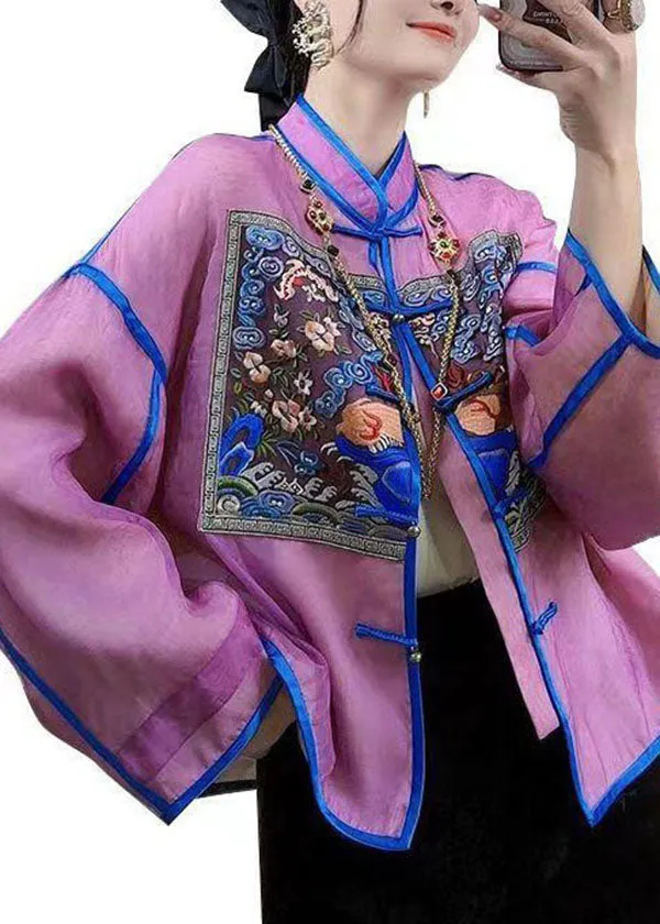 Chinese Style Purple Embroideried Patchwork Silk Tops Spring LY4550