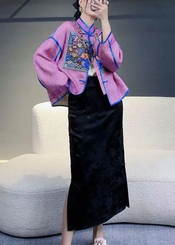 Chinese Style Purple Embroideried Patchwork Silk Tops Spring LY4550