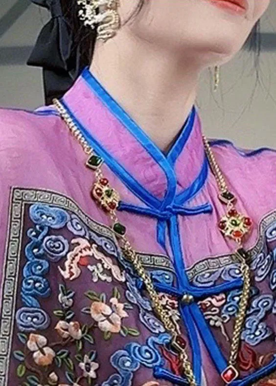 Chinese Style Purple Embroideried Patchwork Silk Tops Spring LY4550