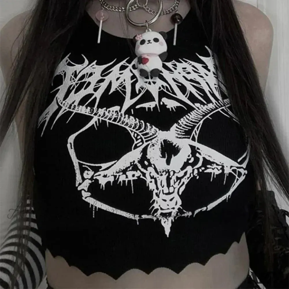 Crop Head Punk Black Sexy Grunge Top O-neck Sleeveless Summer Knitted Goat Print Goth