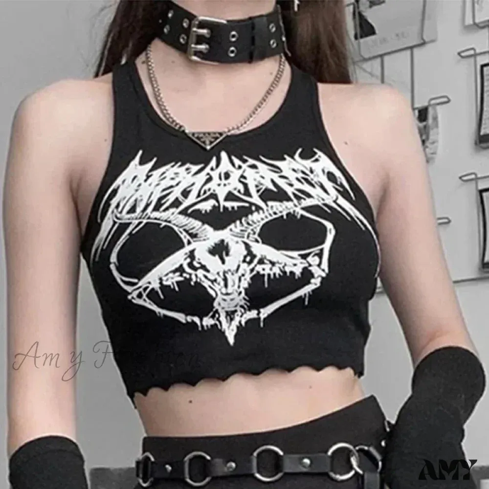 Crop Head Punk Black Sexy Grunge Top O-neck Sleeveless Summer Knitted Goat Print Goth