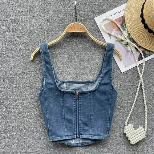 Denim Zipper Patchwork Square Collar Corset Tops
