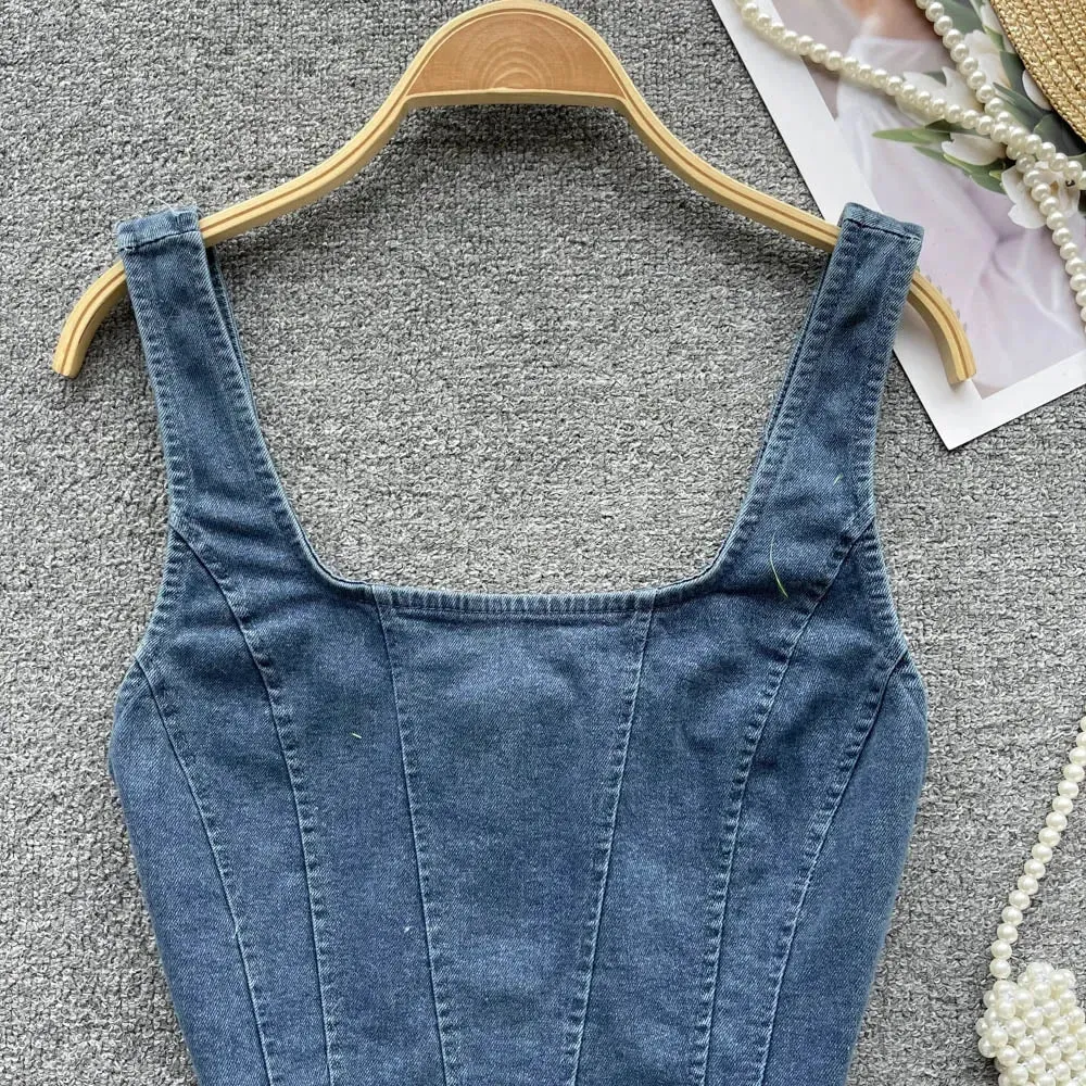 Denim Zipper Patchwork Square Collar Corset Tops