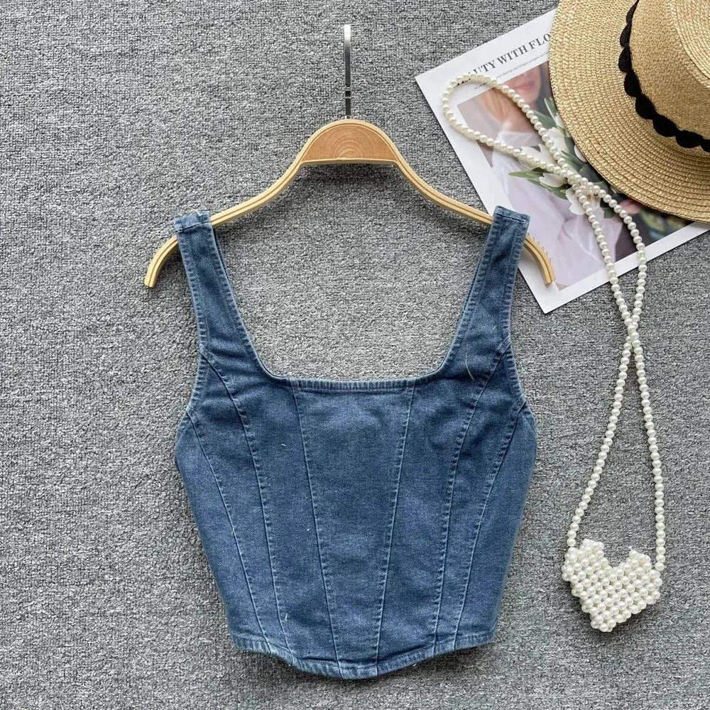 Denim Zipper Patchwork Square Collar Corset Tops